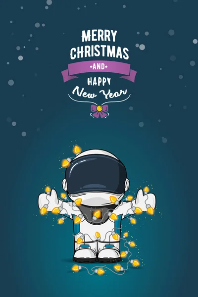 El düz vektör çizim çekilmiş. Çizgi film astronot uzay giysisi ile Noel ışıkları çelenk içinde. Tebrik kartı.