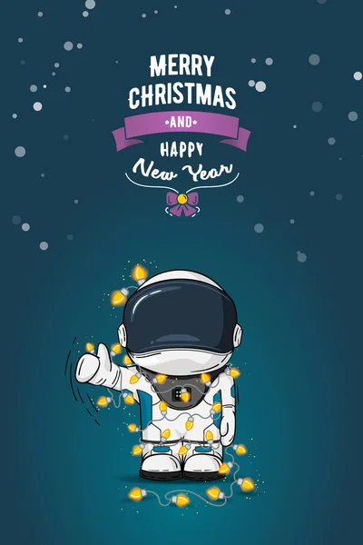 Ručně tažené ploché vektorové ilustrace. Kreslený astronaut v skafandr s věnec vánoční osvětlení. Blahopřání. — Stockový vektor