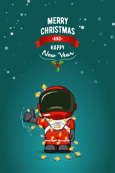 Χέρι που επίπεδη διανυσματικά εικονογράφηση. Γελοιογραφία αστροναύτης στη διαστημική στολή με γιρλάντα από τα φώτα των Χριστουγέννων. Ευχετήρια κάρτα. — Διανυσματικό Αρχείο