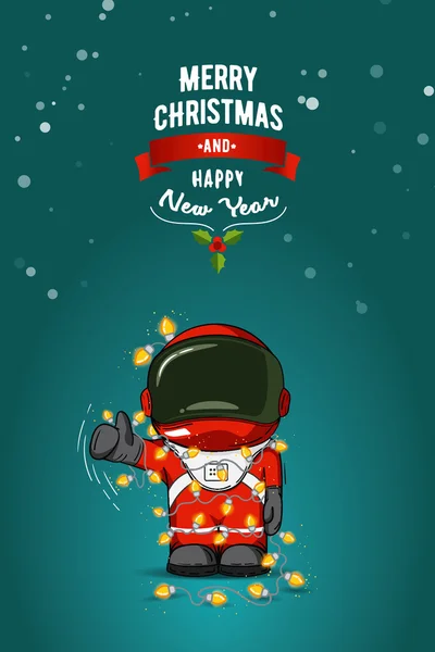 El düz vektör çizim çekilmiş. Çizgi film astronot uzay giysisi ile Noel ışıkları çelenk içinde. Tebrik kartı.