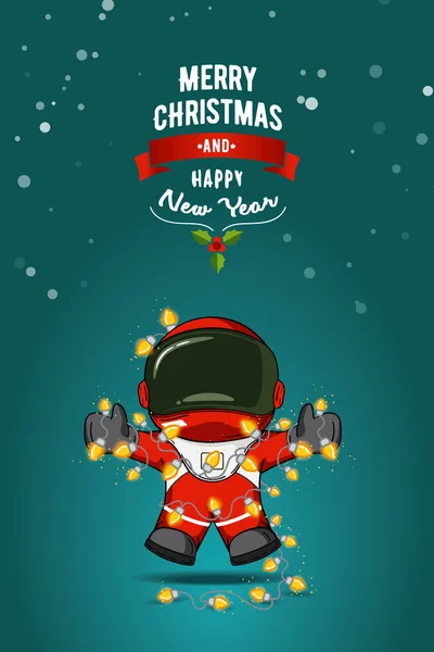 Χέρι που επίπεδη διανυσματικά εικονογράφηση. Γελοιογραφία αστροναύτης στη διαστημική στολή με γιρλάντα από τα φώτα των Χριστουγέννων. Ευχετήρια κάρτα. — Διανυσματικό Αρχείο