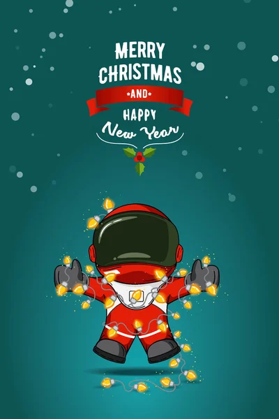 El düz vektör çizim çekilmiş. Çizgi film astronot uzay giysisi ile Noel ışıkları çelenk içinde. Tebrik kartı.