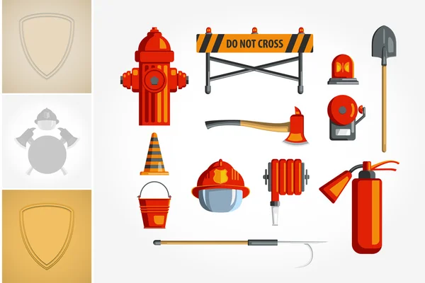 Buntes Vintage-Flach-Icon-Set oder Illustration für Infografik-Ausrüstung für Feuerwehr oder Freiwillige — Stockvektor