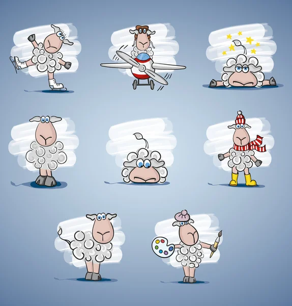 Çocuk renkli karikatür illüstrasyon kıvırcık koyun ve kuzu boyalı gölge ve soluk mavi degrade arka plan ayarlamak