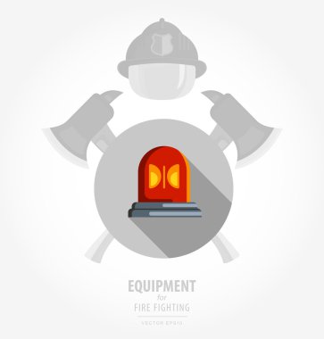 Vector flat color icon illustrations - equipment for fire or volunteer. Color image on black and white background in form emblem of the shield and ax. emergency light, signal.
