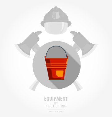 Vector flat color icon illustrations - equipment for fire or volunteer. Color image on black and white background in form emblem of the shield and ax. Fire bucket.