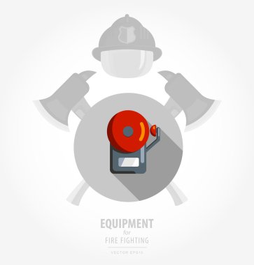 Vector flat color icon illustrations - equipment for fire or volunteer. Color image on black and white background in form emblem of the shield and ax. fire alarm.
