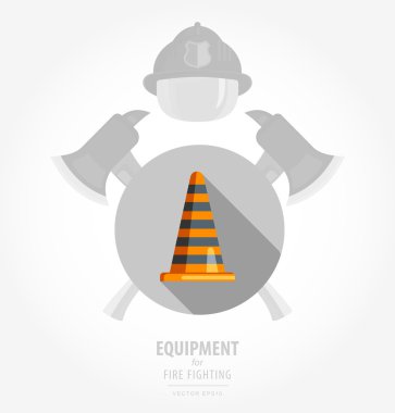 Vector flat color icon illustrations - equipment for fire or volunteer. Color image on black and white background in form emblem of the shield and ax. orange traffic cone with black stripes.
