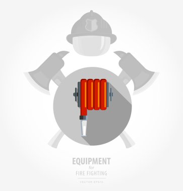Vector flat color icon illustrations - equipment for fire or volunteer. Color image on black and white background in form emblem of the shield and ax. Red fire hose.