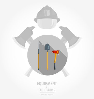 Vector flat color icon illustrations - equipment for fire or volunteer. Color image on black and white background in form emblem of the shield and ax. firefighter hook, shovel, ax.