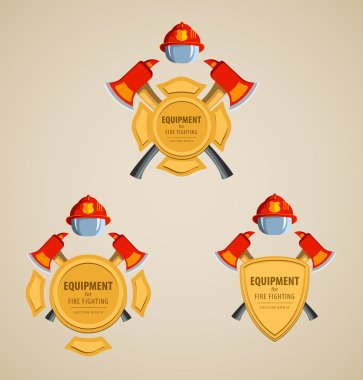Set of colored icons vector illustration. Firefighter Emblem or volunteer. Maltese cross, shield, ax, fireman helmet. Element for the magnet on the fridge or print for a T-shirt.