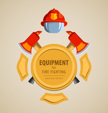 Colored vector illustration, icon. Firefighter Emblem or volunteer. Maltese cross, shield, ax, fireman helmet. Element for the magnet on the fridge or print for shirts.