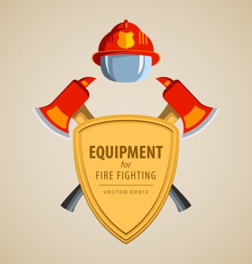 Colored vector vector illustration, icon. Firefighter Emblem or volunteer. Shield, ax, fireman helmet.