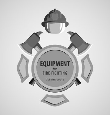 Black and white monochrome vector illustration, icon. Firefighter Emblem or volunteer. Maltese cross, shield, ax, fireman helmet.