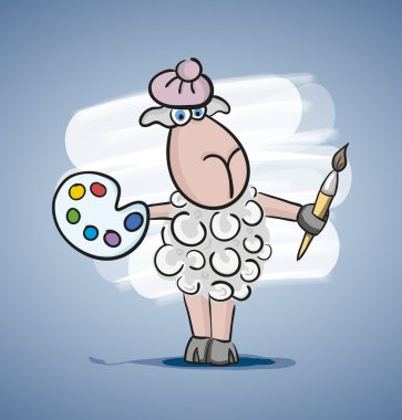 Children colored cartoon illustration, curly lamb with blue eyes, painted shadow, in cap with brush and paints, is located on pale blue background with white spot.