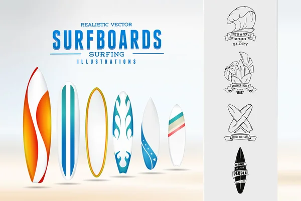 Skizze Surf Illustration Logo Emblem mit Schriftzug. moderne realistische Symbole isolierte Reihe von Bildern Surfbrett mit Farbmuster. — Stockvektor