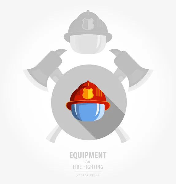 Ilustraciones de iconos de colores planos vectoriales: equipo para fuego o voluntario. Imagen en color sobre fondo blanco y negro en forma de emblema del escudo y hacha. casco con vidrio protector . — Vector de stock