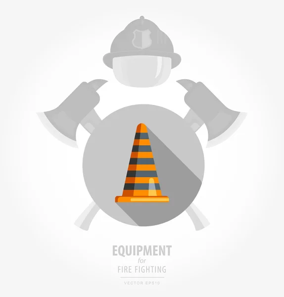 Vector flat color icon illustrations - equipment for fire or volunteer. Color image on black and white background in form emblem of the shield and ax. orange traffic cone with black stripes. — Wektor stockowy