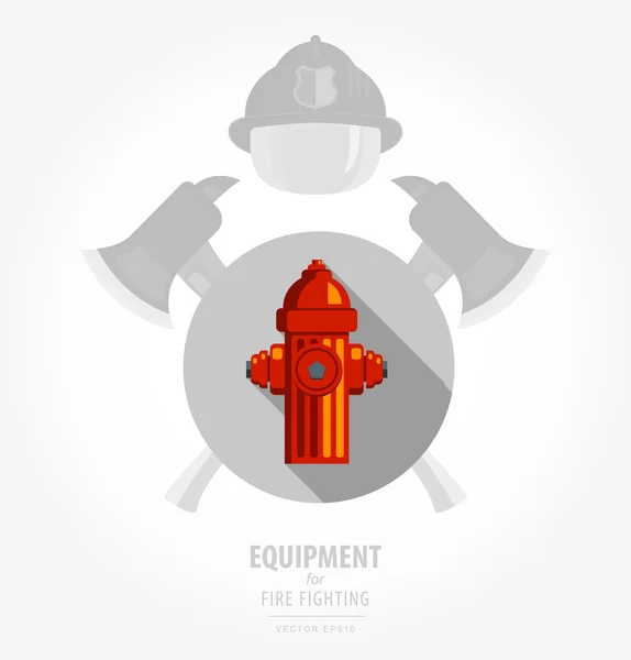 Vector flat color icon illustrations - equipment for fire or volunteer. Color image on black and white background in form emblem of the shield and ax. Red fire hydrant. — Wektor stockowy