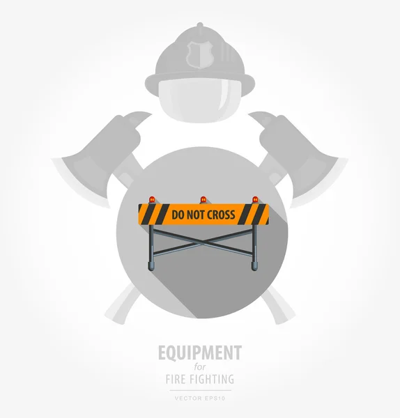 Equipo de ilustraciones de iconos de color plano vectorial para voluntarios. Imagen en color sobre fondo blanco y negro en forma de emblema del escudo y hacha. Bloqueo de carretera contra incendios con luces intermitentes con rayas negras — Vector de stock