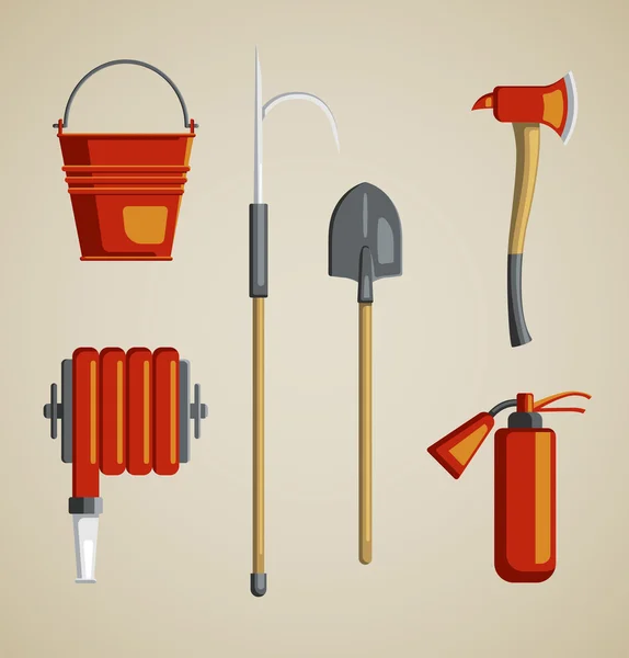 Set flat colored vector icons on light sandy background. Instrument, equipment or volunteer fireman. Fridge magnet, T-shirt printing, set for collage, illustration for children's books