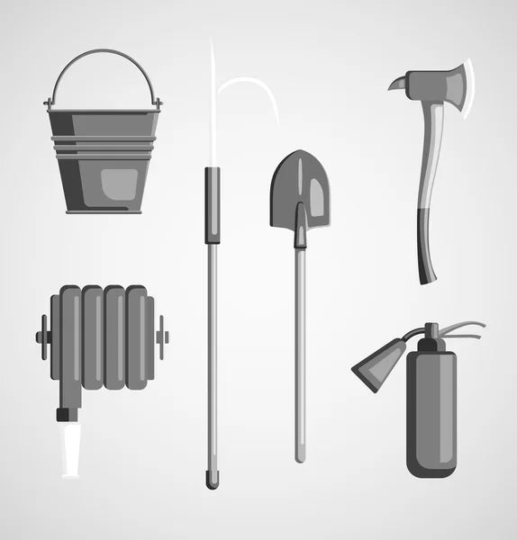 Set of flat black and white monochrome vector icons on light background. Instrument, equipment or volunteer fireman. — 图库矢量图片