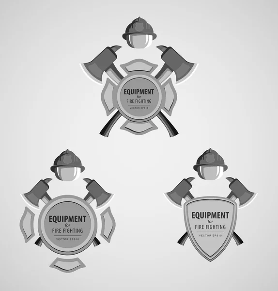 Set of black and white monochrome vector illustrations icons. Firefighter Emblem or volunteer. Maltese cross, shield, ax, fireman helmet. Element for the magnet on the fridge or print for a T-shirt — Stok Vektör