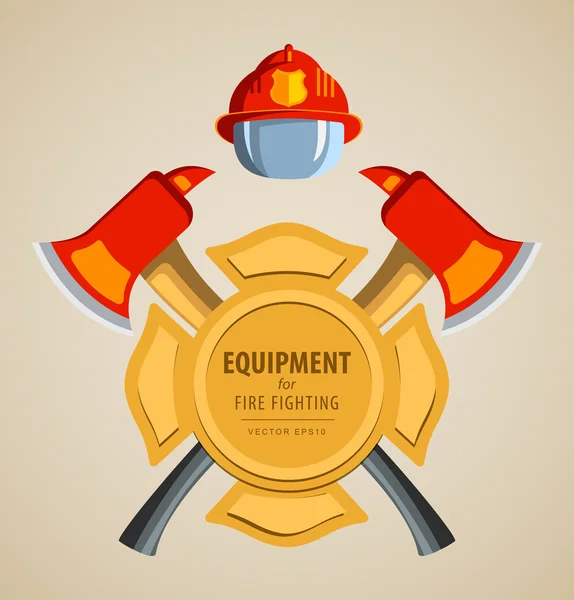 Colored vector illustration, icon. Firefighter Emblem or volunteer. Maltese cross, shield, ax, fireman helmet. — Stok Vektör