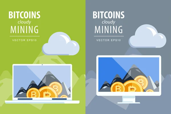 Set colored flat illustration for infographics, reports, presentations, cover. Icons, Cloud technologies, Bitcoin, money, production, computer, laptop, coin, rain, ore, mountain, sky, landscape — стоковий вектор