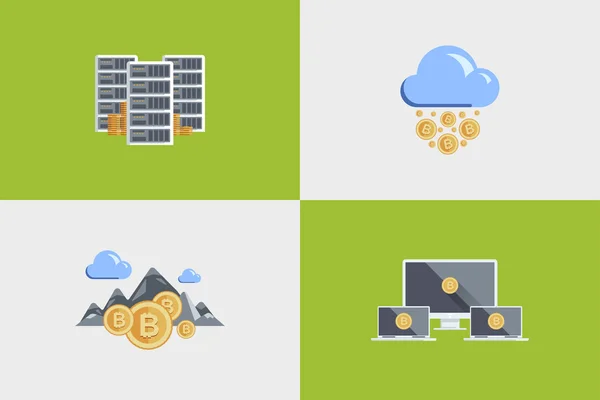 Definir ilustração plana colorida para infográficos, relatórios, apresentações. Ícones Tecnologias de nuvem, Bitcoin, dinheiro, produção, servidor, nuvem, laptop, escolher, moeda, chuva, minério, montanha, céu, paisagem —  Vetores de Stock
