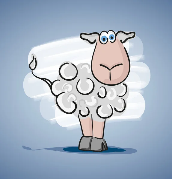 Children colored cartoon illustration, curly lamb with blue eyes, painted shadow, is located on a pale blue gradient background with white spot. — 图库矢量图片