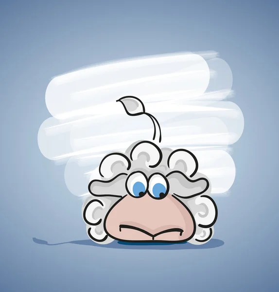Children colored cartoon illustration. Curly lamb with blue eyes for something watches, looking to the side, with a painted shadow, is located on pale blue gradient background with white spot. — 图库矢量图片