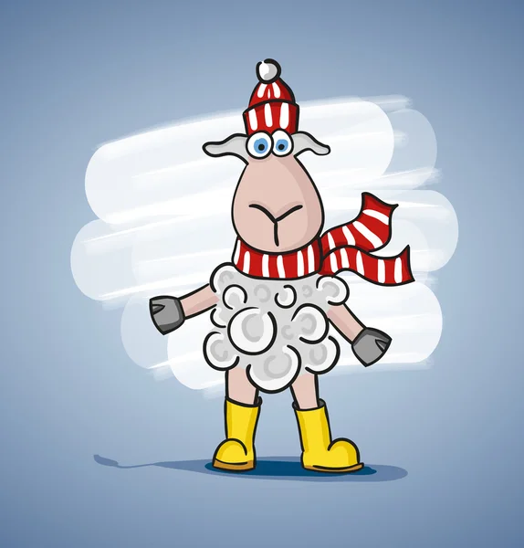 Children colored cartoon illustration, curly lamb with blue eyes, painted shadow, in red and white striped hat and scarf in yellow boots, is located on pale blue background with white spot. — 스톡 벡터