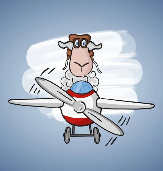 Children colored cartoon illustration. Curly lamb with blue eyes flying on a red-white plane with propeller in aviator cap and glasses, situated on pale blue background with white spot. — ストックベクタ