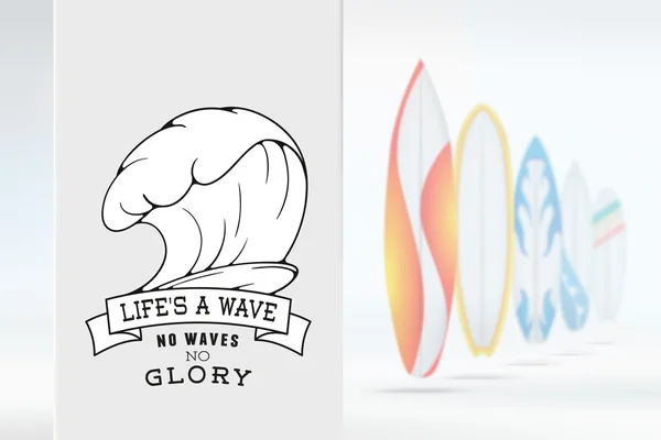 Sketch surfing illustration logo emblem with lettering on abstract blurred background with set colored surfboards. — Stockový vektor