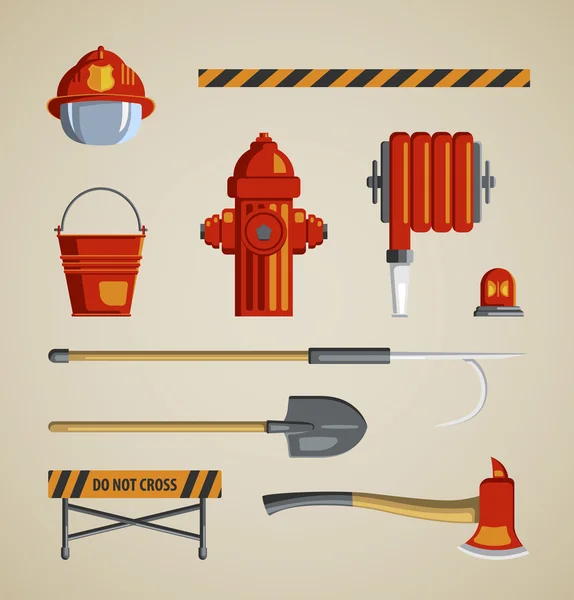 Set flat colored vector icons on light sandy background. Instrument, equipment or volunteer fireman. Fridge magnet, T-shirt printing, set for collage, illustration for children's books — Wektor stockowy