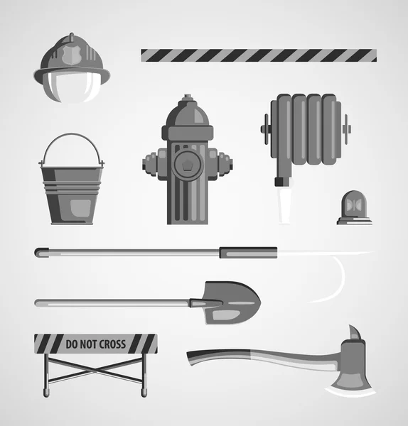 Set of flat black and white monochrome vector icons on light background. Instrument, equipment or volunteer fireman. Royalty Free Stock Ilustrace