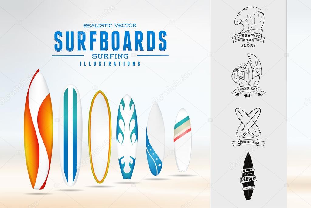 Sketch surfing illustration logo emblem with lettering. Modern realistic icon isolated set of images surfboard with color pattern.
