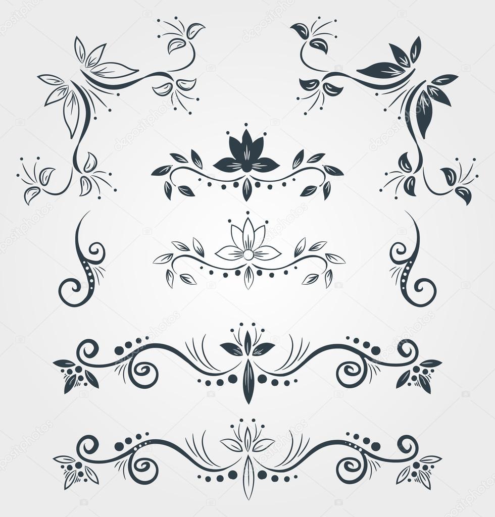 Set of vector vintage floral calligraphy decorative elements. Template for calligraphy, typography, postcards or business cards in classic style.