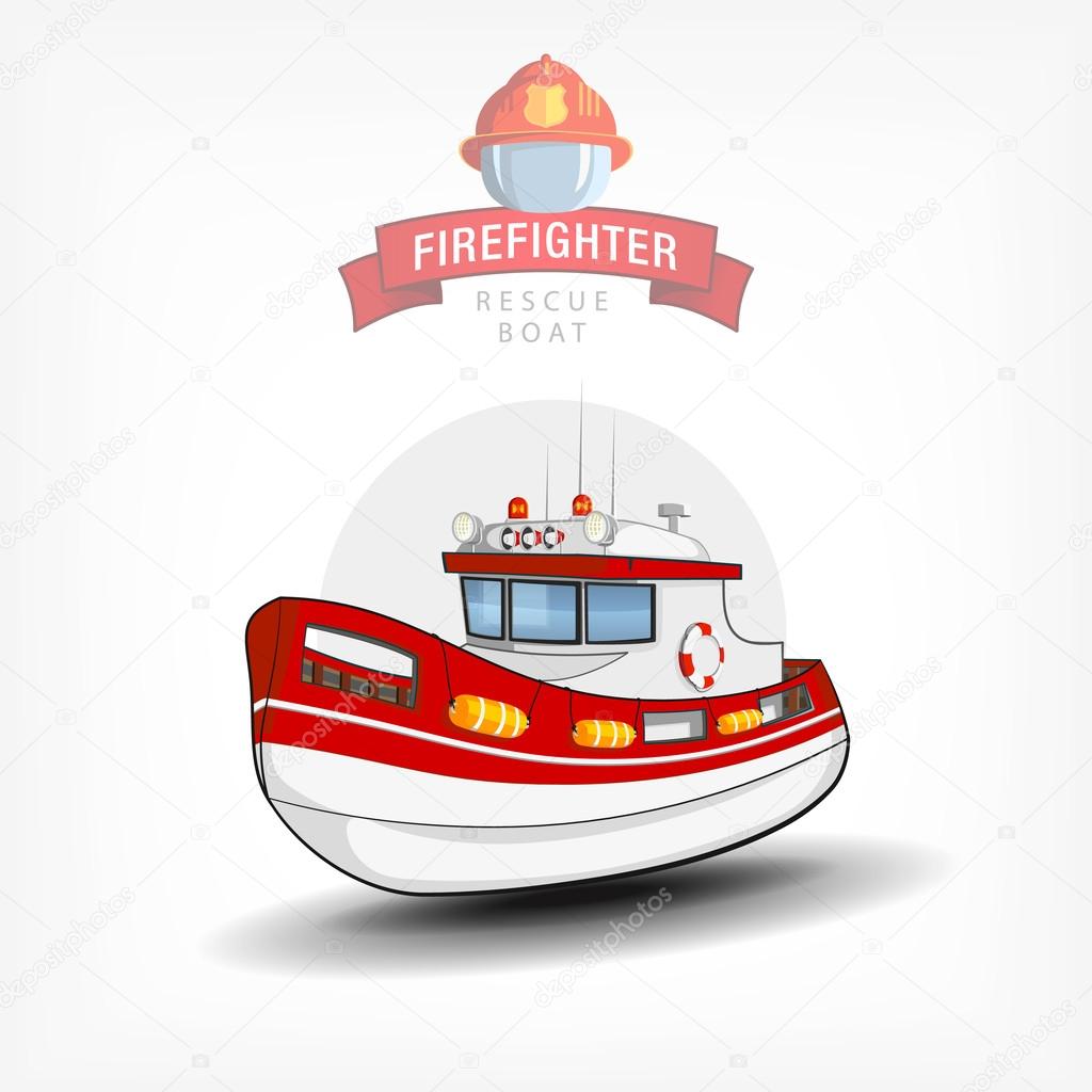 Vector color handdrawn illustration of a isolated firefighter boat. Side view. Logo template, print on fabric. Firefighter emblem with ribbon and helmet.