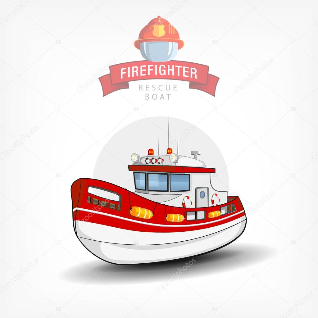 Vector color handdrawn illustration of a isolated firefighter boat. Side view. Logo template, print on fabric. Firefighter emblem with ribbon and helmet.