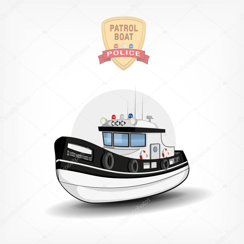Vector color handdrawn illustration of a isolated police boat. Side view. Logo template, print on fabric. police emblem with ribbon and blue red white spotlight.