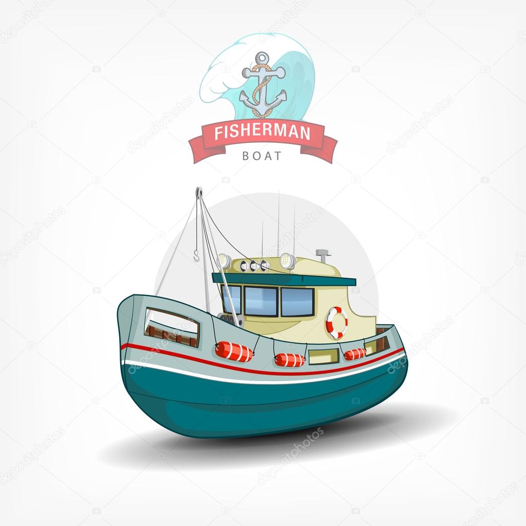 Vector color handdrawn illustration of a isolated fishing boat. Side view. Logo template, print on fabric. Marine emblem with anchor, wave and ribbon.