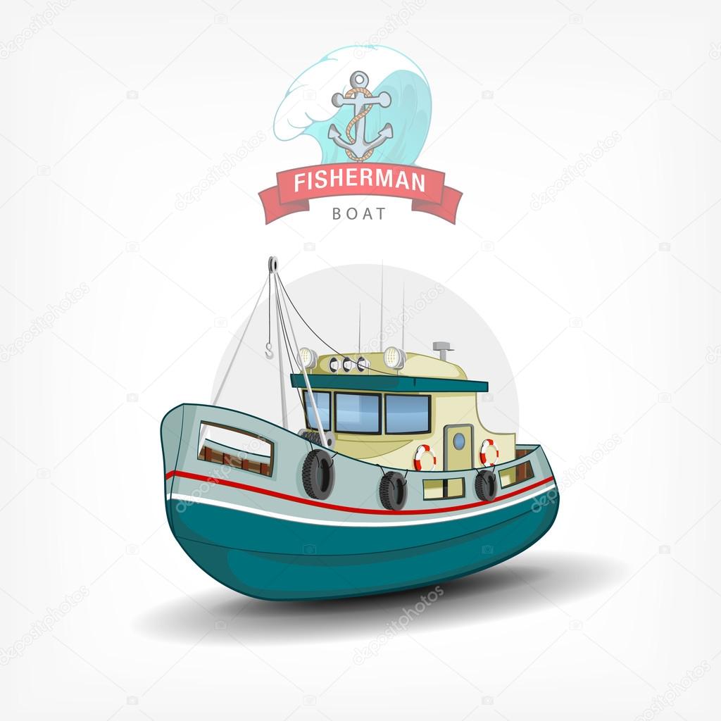 Vector color handdrawn illustration of a isolated fishing boat. Side view. Logo template, print on fabric. Marine emblem with anchor, wave and ribbon.
