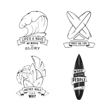 Modern Sketch isolated set of surfing illustration logo emblem with lettering. Design element, Logo.