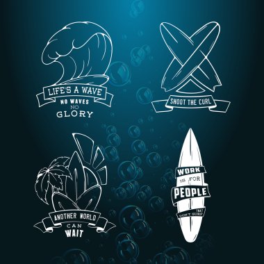 Modern Sketch isolated set of surfing illustration logo emblem with lettering. Design element, Logo.