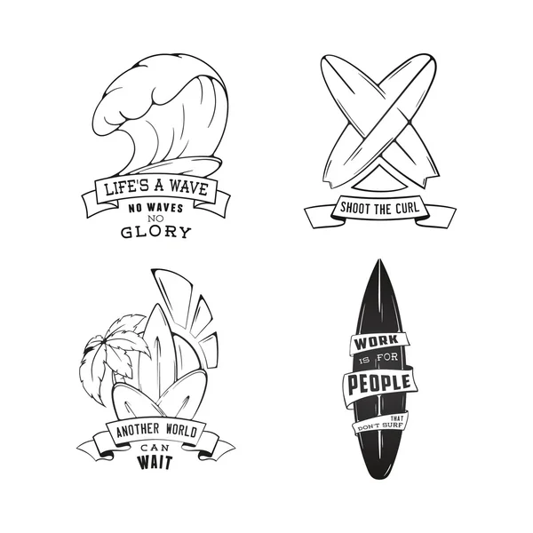 Modern Sketch isolated set of surfing illustration logo emblem with lettering. Design element, Logo. — Wektor stockowy