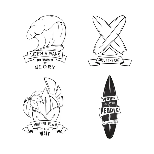 Modern Sketch isolated set of surfing illustration logo emblem with lettering. Design element, Logo. — Stok Vektör