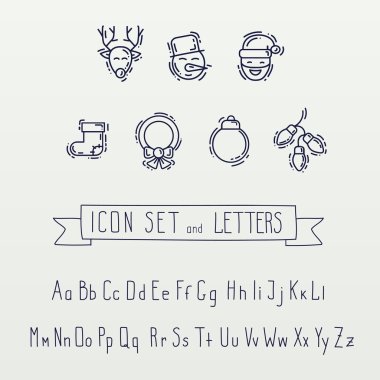 Kış ince çizgi el çizim simgeler ve öğe kümesi. Yeni yıl. Noel. Doodles'ın nesne. Çizgi film