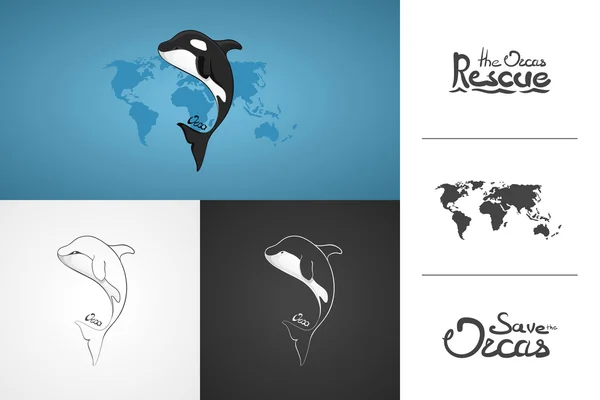 Whale Orca. Conceito vetor desenhado à mão ilustração, logotipo. Design de ícone simples com texto. Arte de esboço. Design plano. Letras. Modelo infográfico . — Vetor de Stock